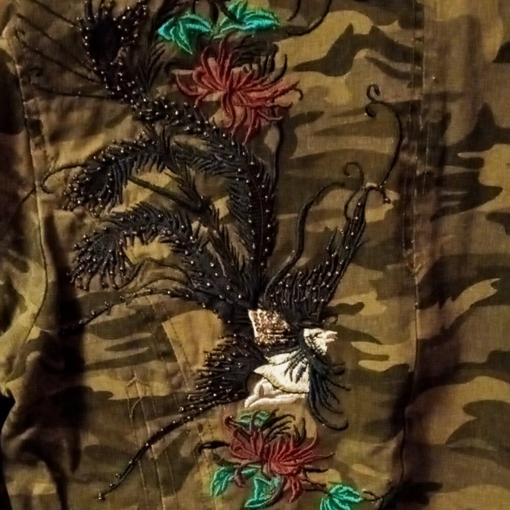 Cool Morbid Threads Denim Jacket Embroidery Beaded Camouflage Women's XL - Picture 9 of 16